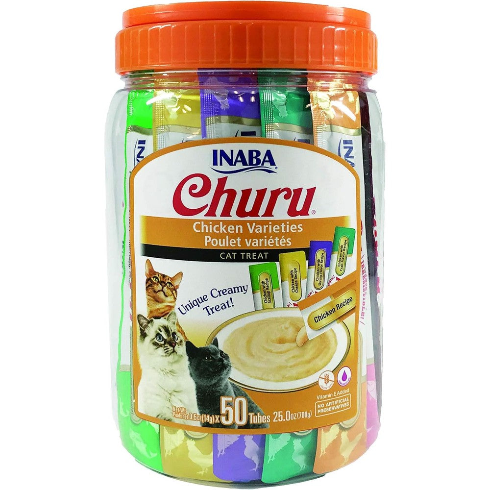 Inaba Churu Grain Free Lickable Creamy Puree Cat Treat Chicken Variety Pack 50 Tubes 0.5 Ounces Each Tube