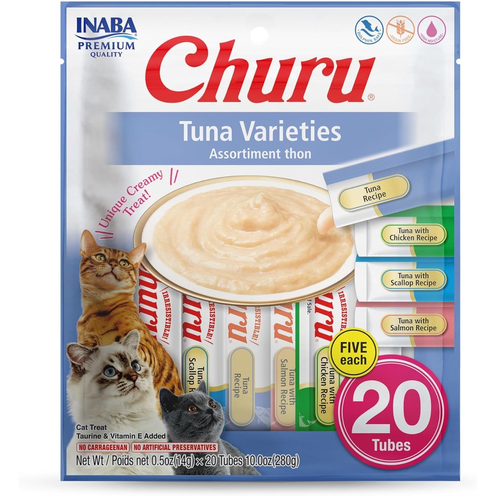INABA Churu Lickable Squeezable Creamy Puree Cat Treats With Green Tea Extract And Taurine Tuna Variety Pack 0.5 Ounces 20 Tubes
