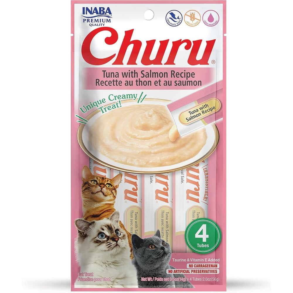 Inaba Churu Grain Free Lickable Creamy Puree Cat Treat Topper Tuna With Salmon Recipe 0.5 Ounces Each Tube 4 Tubes Per Pack