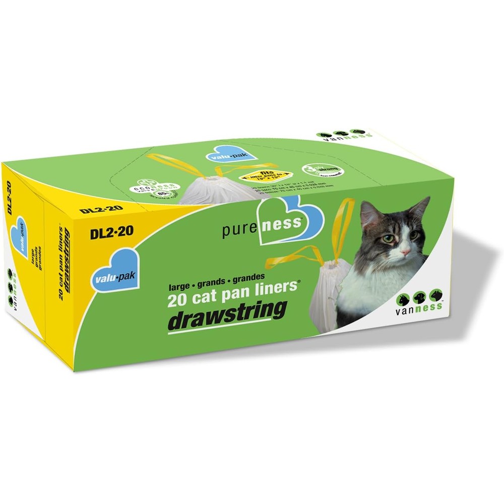 Van Ness Large Drawstring Cat Litter Box Liners pack front view showcasing 3 ply no tear technology icon.
