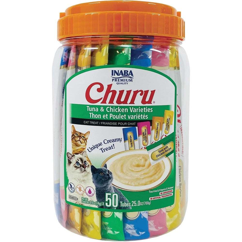 Inaba Churu Cat Treats Lickable Squeezable Creamy Puree With Green Tea Extract And Taurine Tuna And Chicken Variety 50 Tubes 0.5 Ounces Each