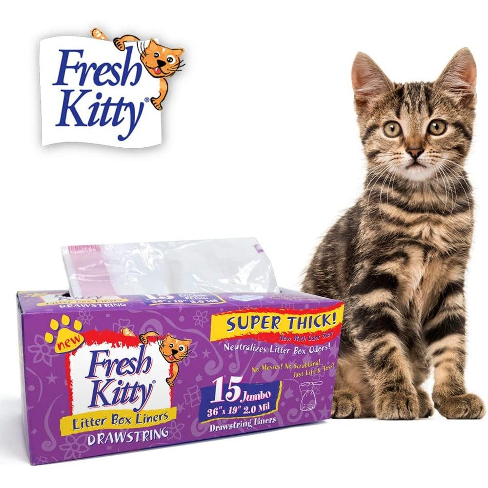 Fresh Kitty Jumbo Drawstring Litter Box Liners front packaging view containing fifteen thick scented bags.