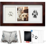 MYPAWLETS pet paw print frame kit front view showing espresso premium wooden memorial frame with clay and ink impressions