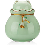 SOITIS Pet Memorial Urn front view of cyan ceramic keepsake holder with gold trim