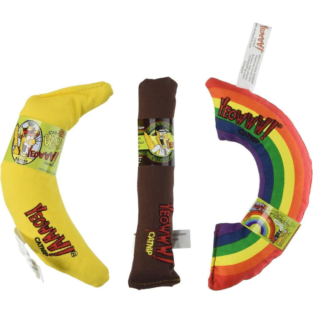 Yeowww Catnip Toy Variety Pack featuring cigar, banana, and rainbow shapes