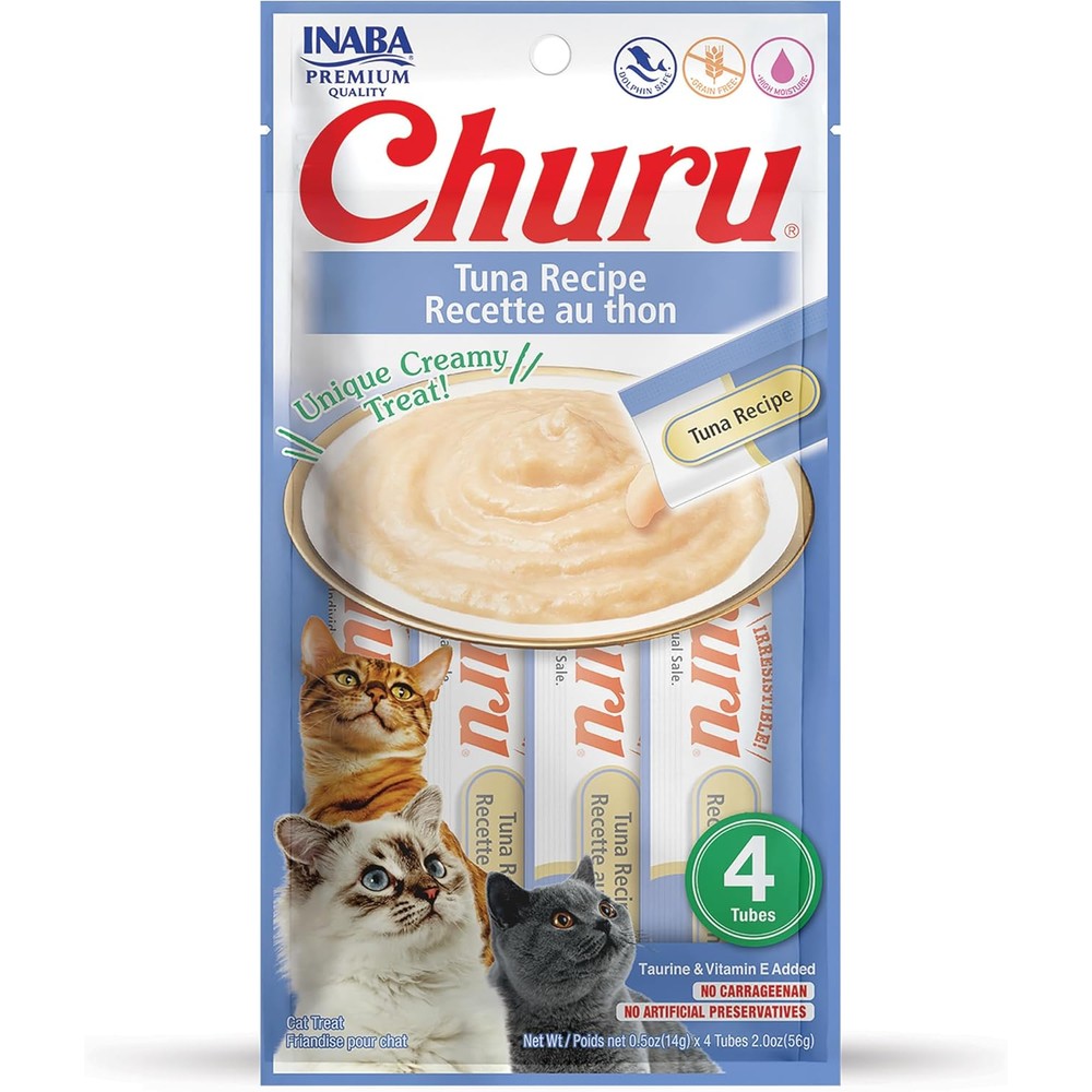 Inaba Churu Tuna Recipe Lickable Creamy Purée Natural Cat Treats 4 Tubes Per Pack 56 Grams Total Net Weight
