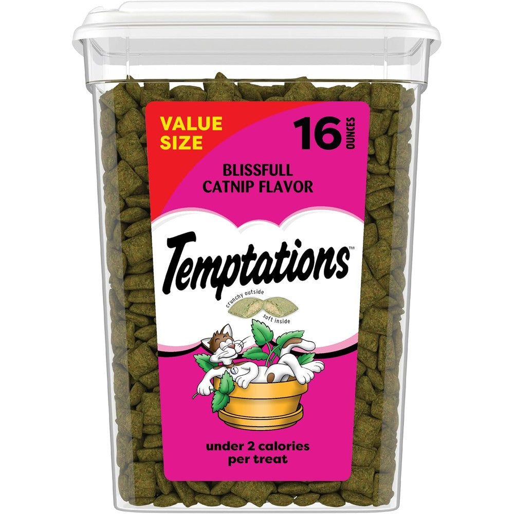 Temptations Classic Crunchy and Soft Cat Treats Blissful Catnip Flavor Dual Textured Feline Snacks 16 Ounce Resealable Tub