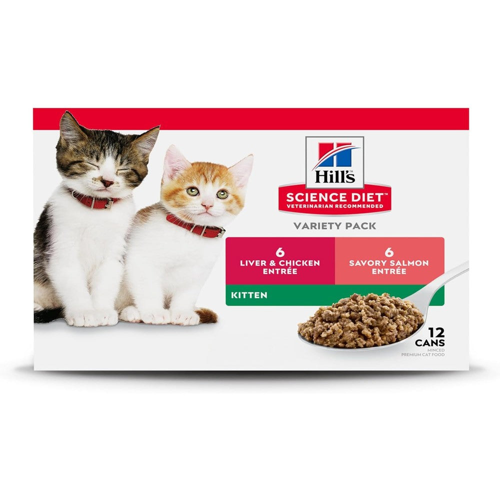 Hill's Science Diet Kitten Wet Cat Food Variety Pack Liver And Chicken Salmon Minced 2.9 Ounce Cans 12 Pack