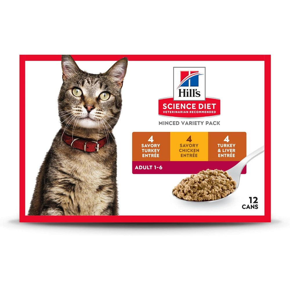 Hill's Science Diet Adult 1-6 Wet Cat Food Variety Pack Savory Turkey Liver Chicken And Turkey 5.5 Ounce Cans 12-Pack