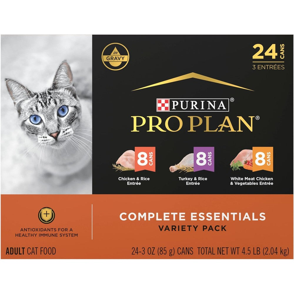 Purina Pro Plan Gravy High Protein Wet Cat Food Variety Pack Complete Essentials Chicken And Turkey Favorites 3 Ounce Cans Pack Of 24