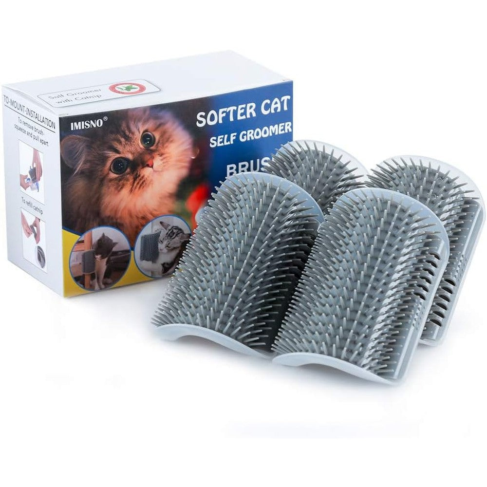 IMISNO cat self groomer front view showing grey soft plastic massage bristles on a corner mount base.