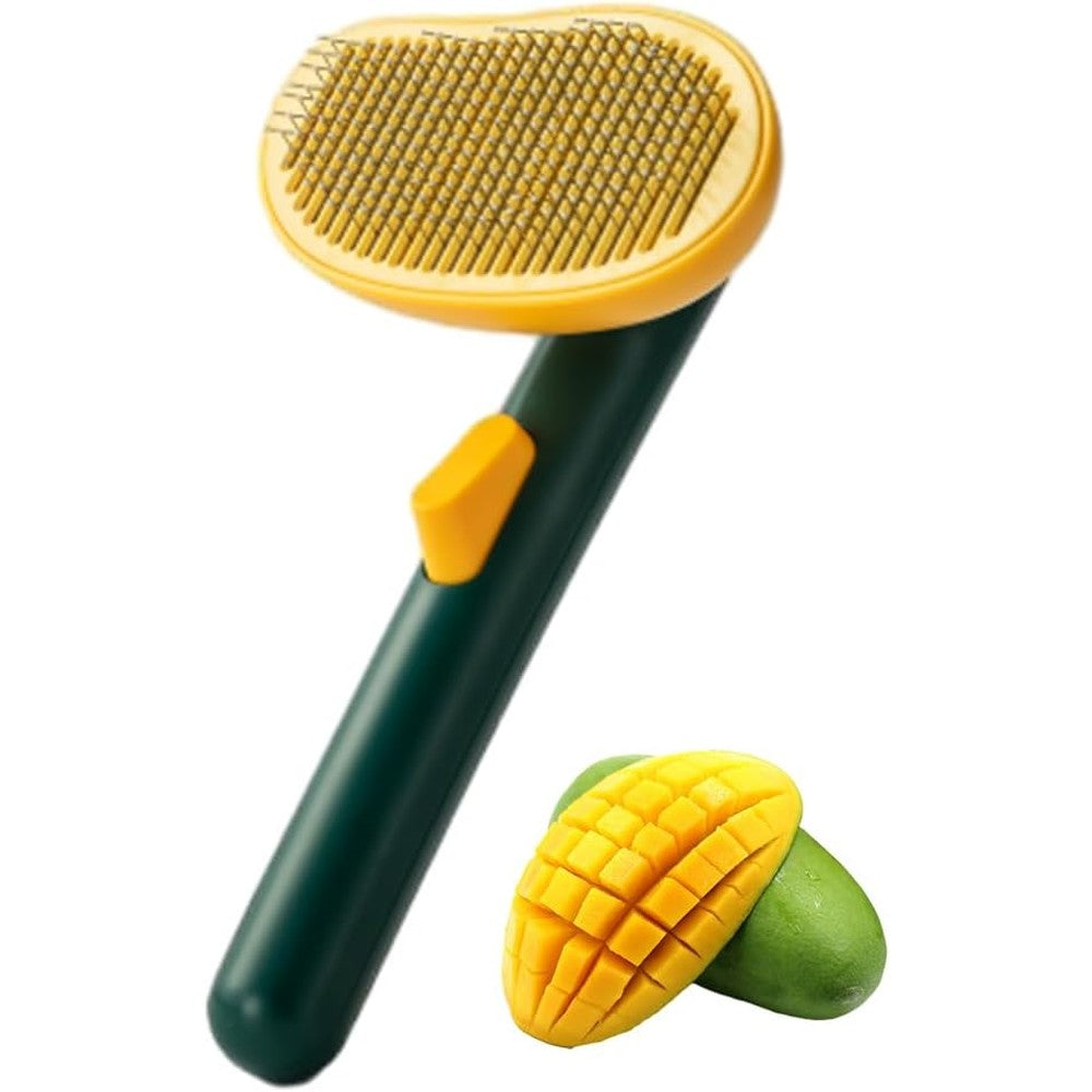 Awpland Mango Self Cleaning Cat Brush front view showing the unique yellow mango shaped head and steel bristles.