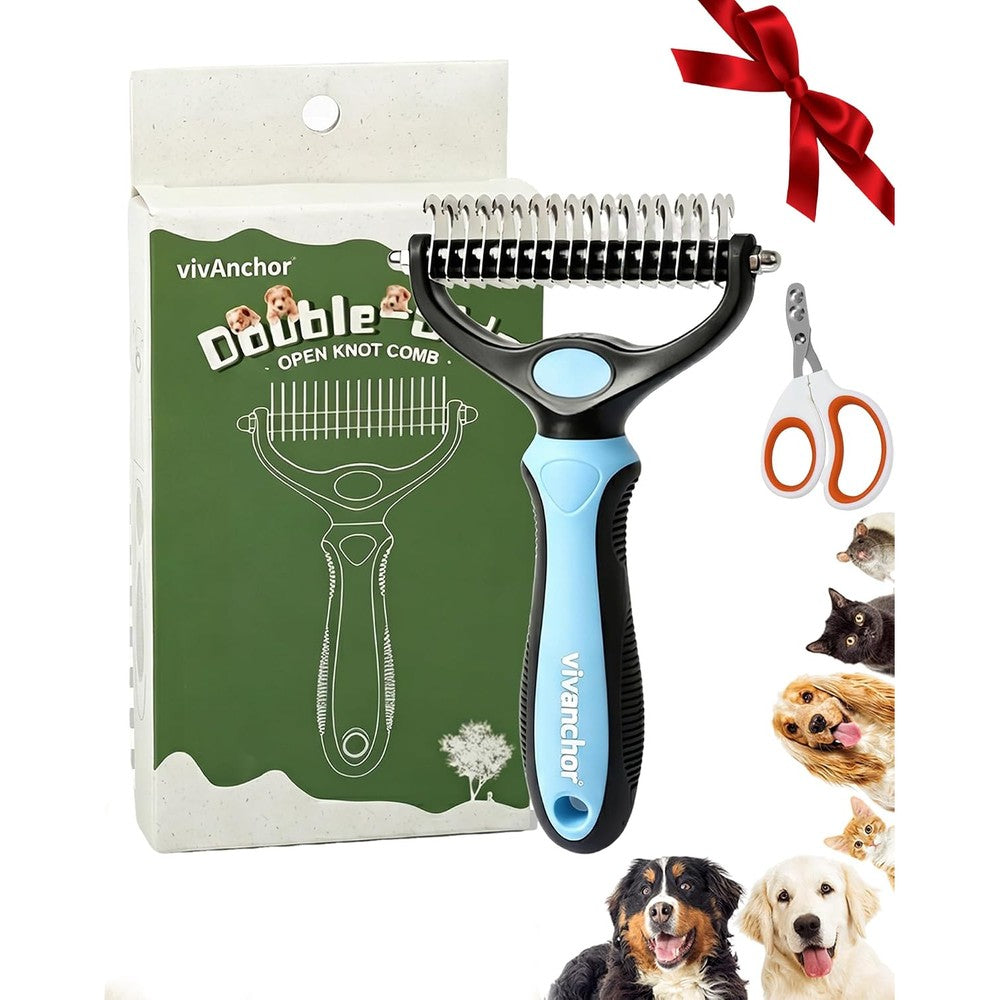 Luxenor 2-in-1 pet deshedding brush front view with stainless steel teeth