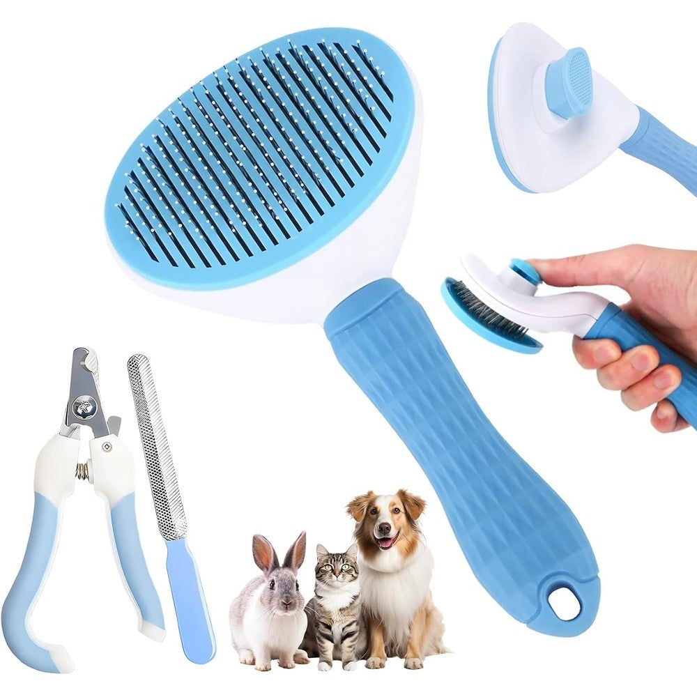 Aglads 3 piece pet grooming kit front view showing blue self cleaning brush for dogs and cats.
