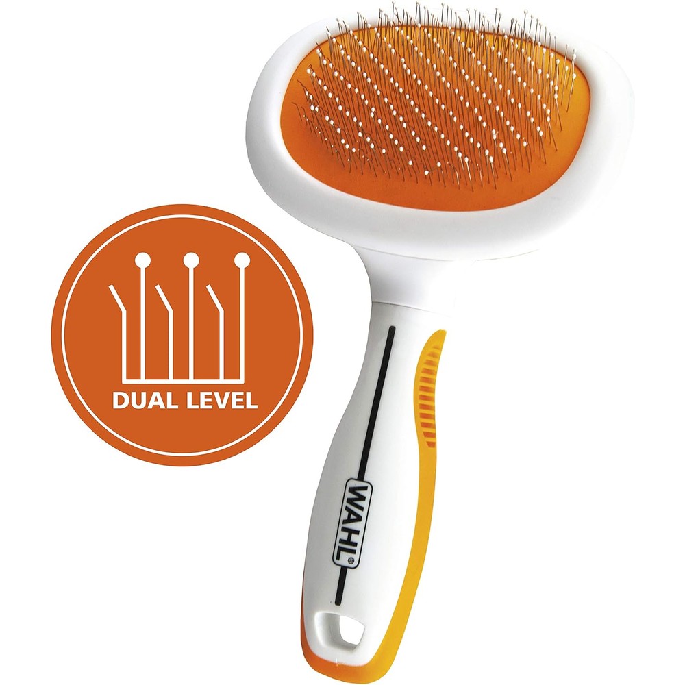 Wahl Premium Large Dual Level Pet Slicker Brush front view showing orange and white design.