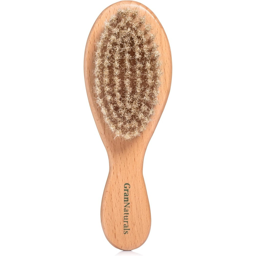 GranNaturals Boar Bristle Soft Cat Brush front view showing natural bristles and wooden handle.