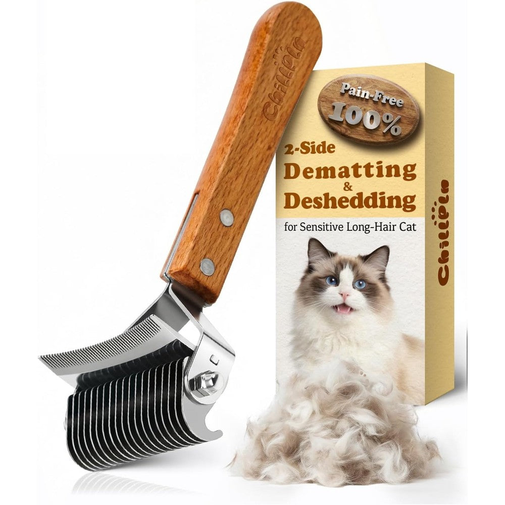 Chillpln double sided cat brush professional dematting rake front view