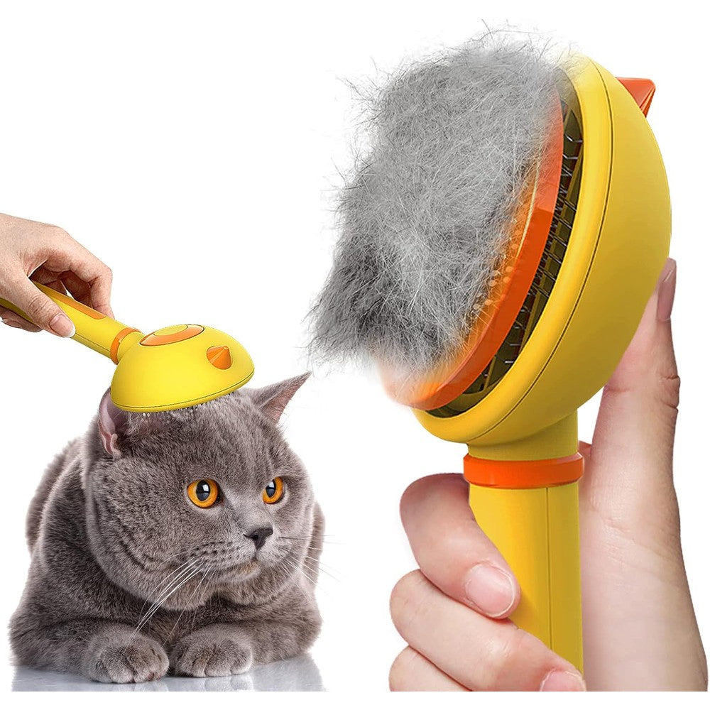 SONGPET self cleaning cat brush front view showing yellow chick design and stainless steel needles.