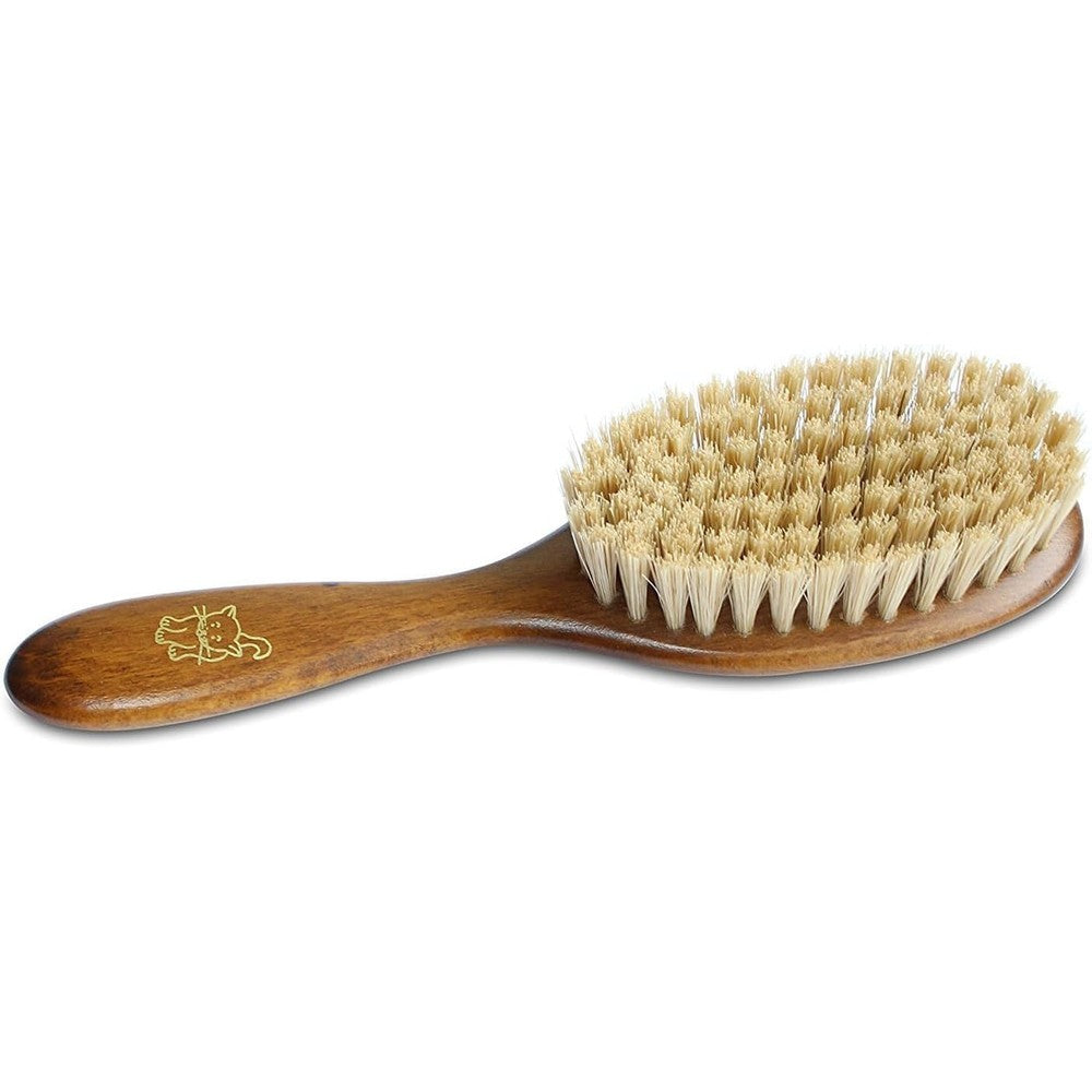 Mars Coat King Bristle Cat Hair Brush front view showing the premium natural boar bristles and feline icon on the wooden handle.