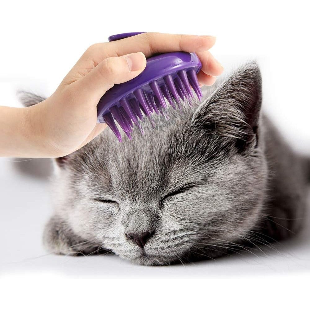 CeleMoon ultra soft silicone cat brush in purple front view showcasing gentle rubber pins for pet shedding.