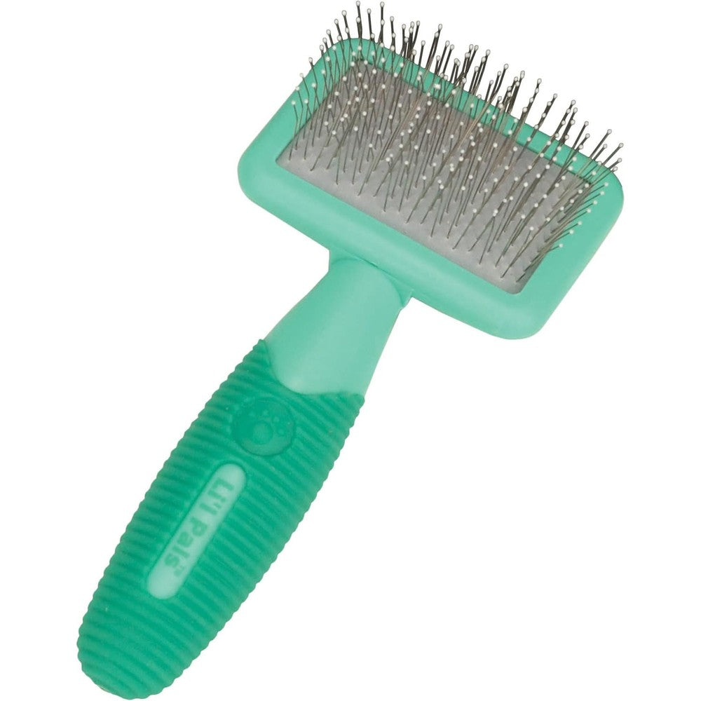 Coastal Pet Li'l Pals Kitten Slicker Brush front view showing green handle and wire pins