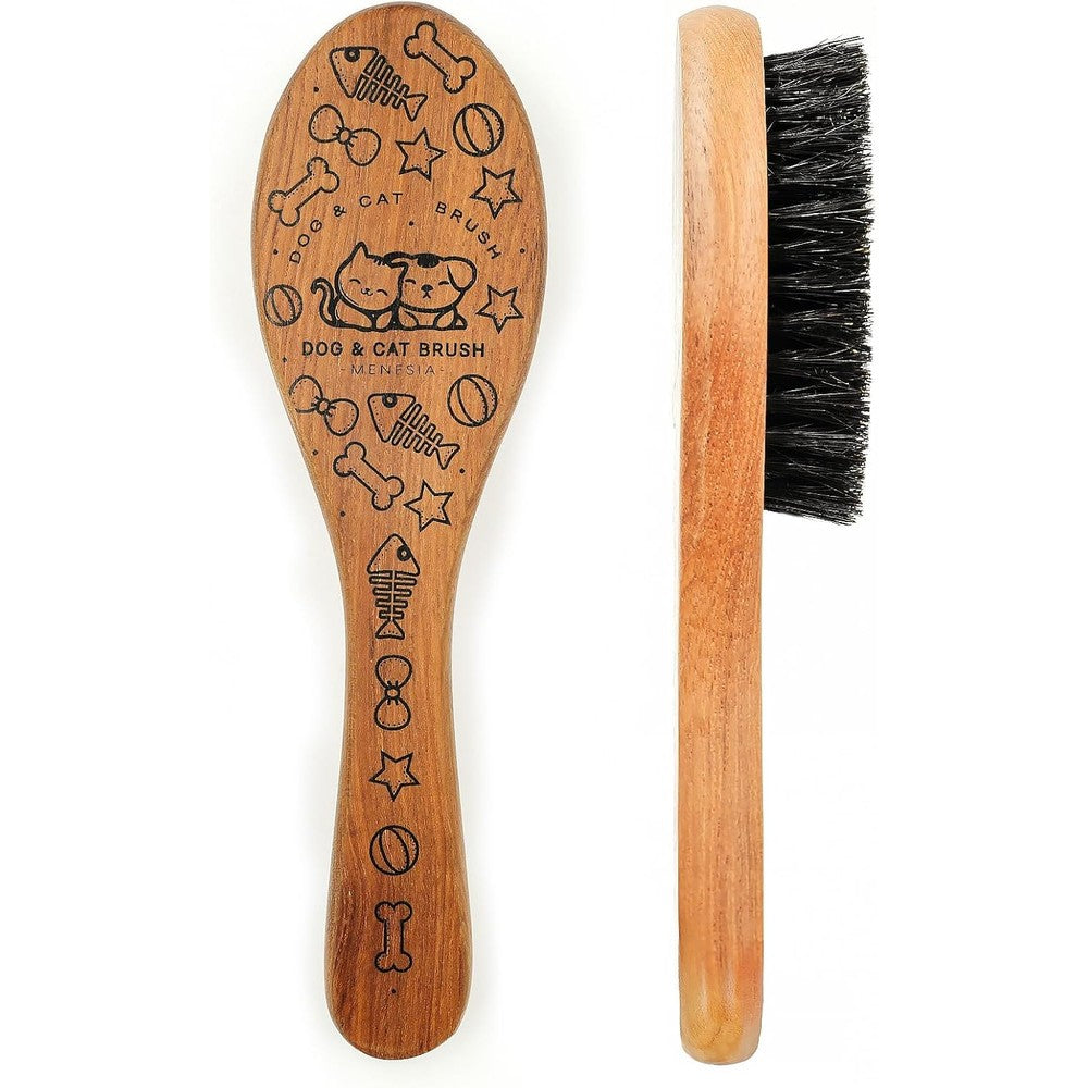 Menesia pet soft brush with natural wood handle front view for cat grooming