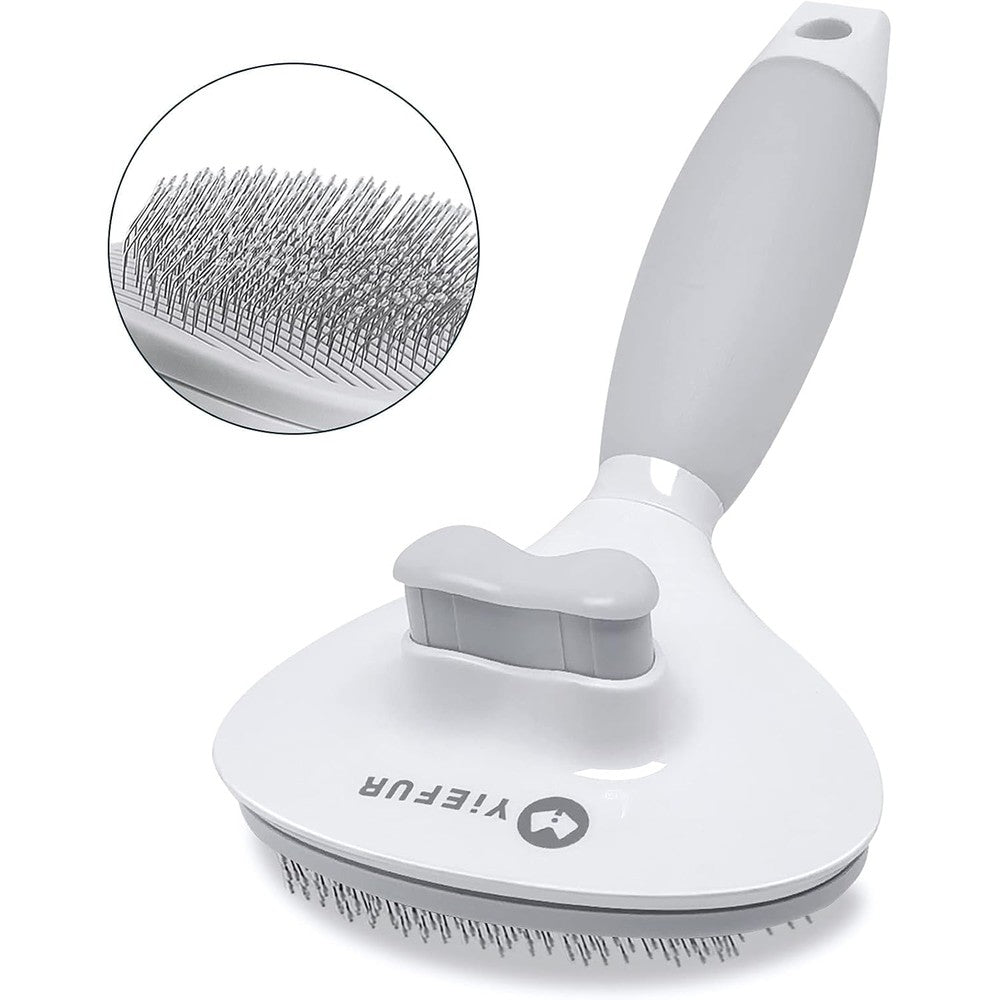 YiEFUR self cleaning cat hair brush front view showing white body and grey handle