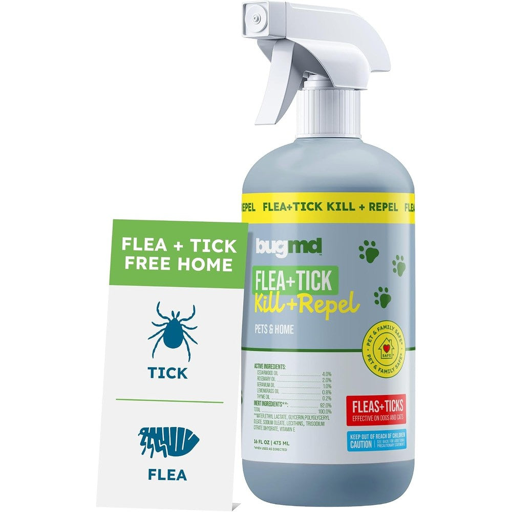 BugMD Natural Flea and Tick Spray 16 ounce bottle front view