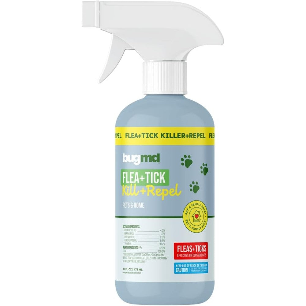 BugMD Flea and Tick Spray sixteen ounce front view showing natural pest control bottle.