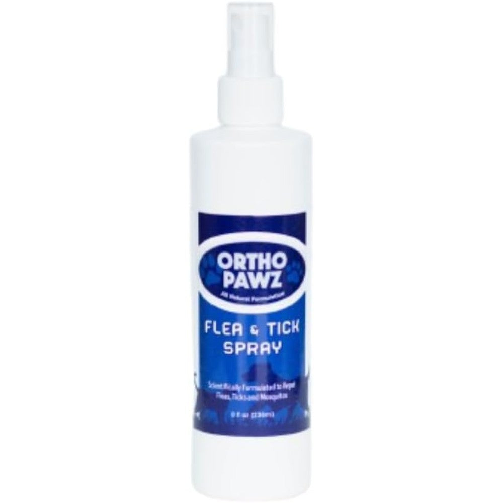 Ortho Pawz Flea and Tick Spray front view bottle for natural pet pest protection.