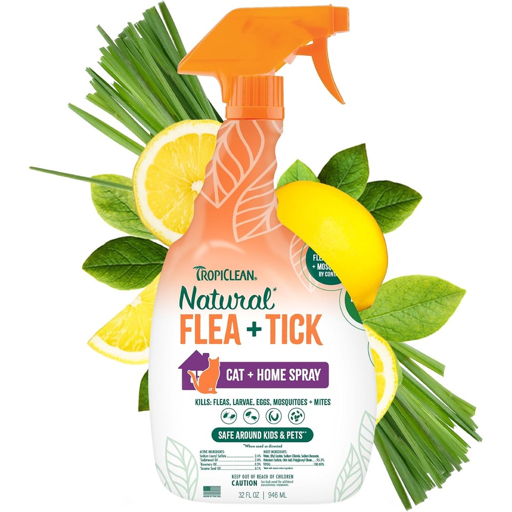 TropiClean flea and tick treatment spray for cats and home front view showing the 32 ounce spray bottle packaging.