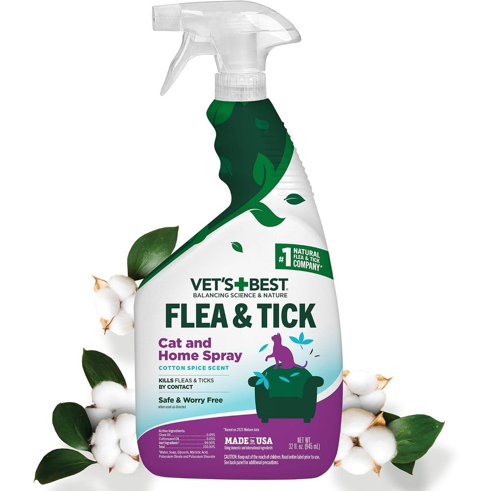 Vet's Best Flea And Tick Home Spray For Cats 32 Fluid Ounces front view bottle showing natural pest control labelling.
