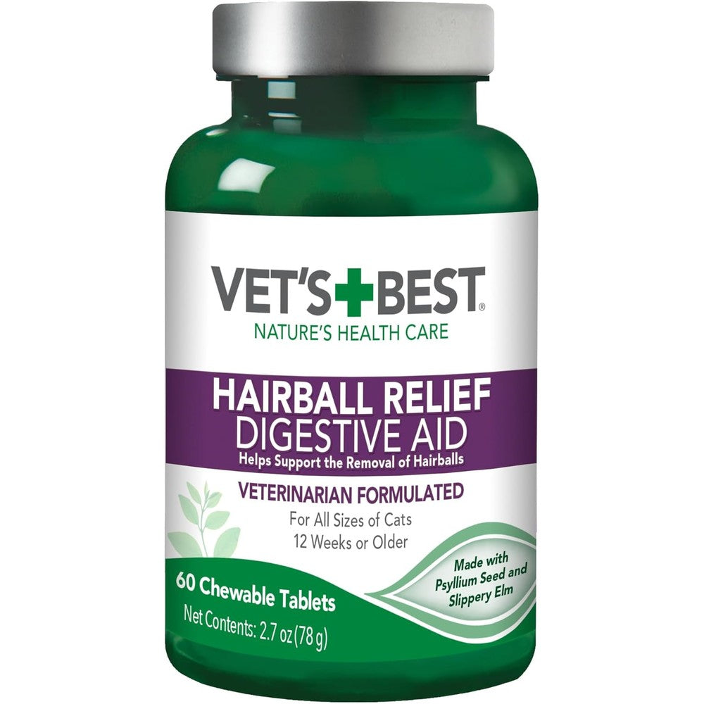 Vet's Best Cat Hairball Relief Digestive Aid sixty tablets bottle front view showing authentic chicken flavored supplement