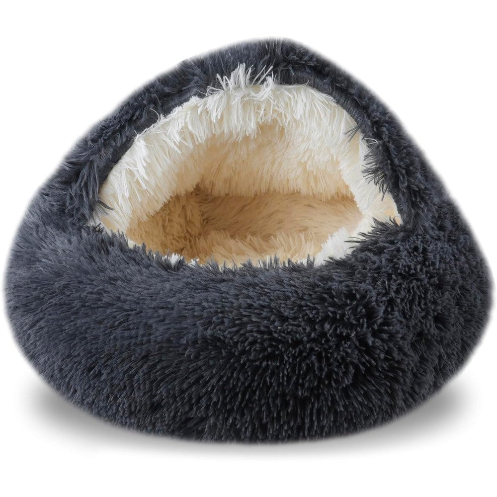 Formycatie Cat Cave Bed For Indoor Cats And Small Dogs Calming Fluffy Hooded Pet Sleeping Bag Dark Gray 20 Inch By 20 Inch