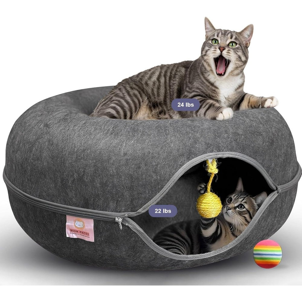 Meow Mates Peekaboo Cat Cave Donut Bed For Multiple Cats Large Scratch Resistant Tunnel Bed With Hanging Toy Dark Grey 24 X 24 X 11 Inches