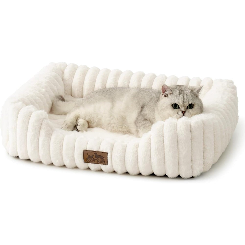 Cozy Kiss Orthopedic Dog Bed For Small Dogs And Cats Washable Rectangle Pet Bed With Anti Slip Bottom And Soft Faux Fur 25 Inch By 21 Inch Cream