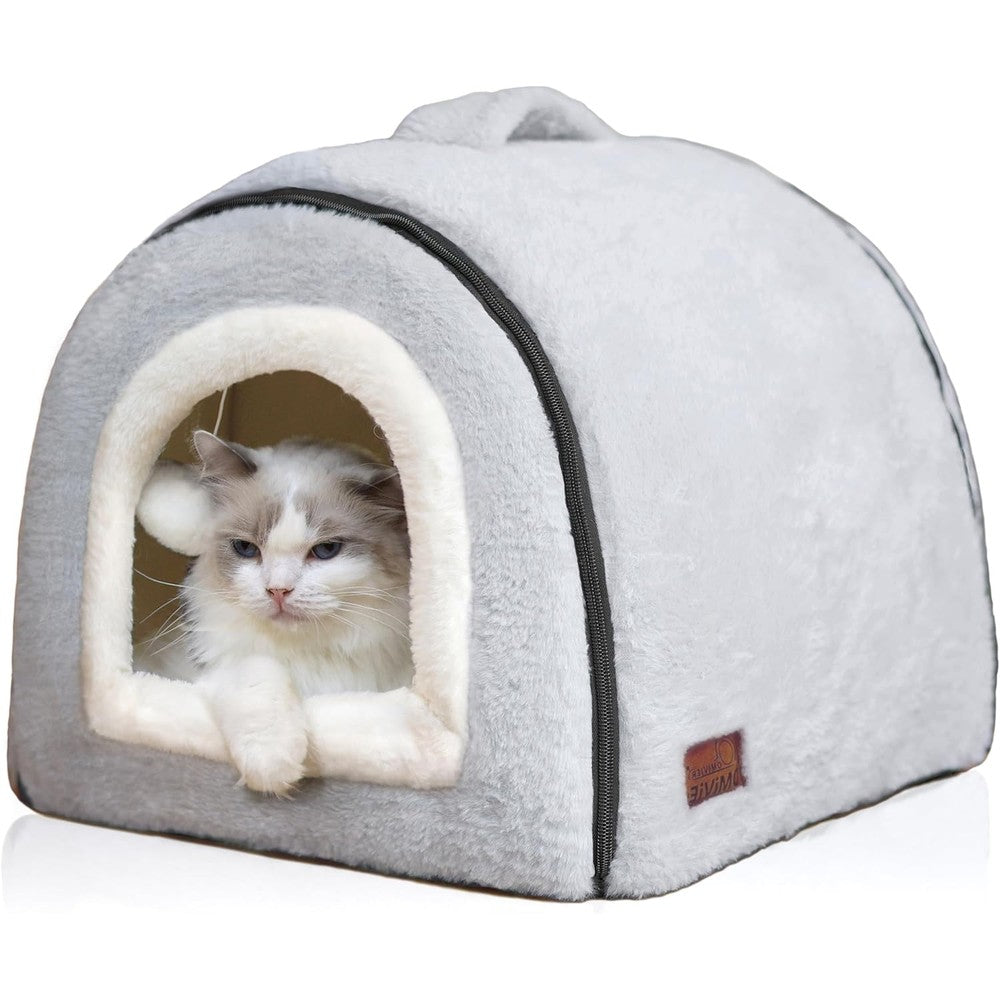 Omivier Foldable Cat Cave Bed For Indoor Cats, 2 In 1 Pet House, Anti-Slip And Water-Resistant Bottom, Grey, Large (17.5 Inch By 16.9 Inch By 15.9 ...