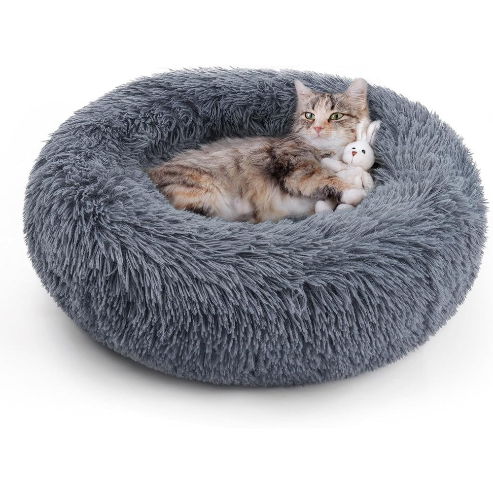 Rabbitgoo Calming Cat Bed For Indoor Cats 20 Inch Dark Grey Soft Warm Donut Cuddler Plush Faux Fur Anti-Slip Machine Washable Bed