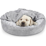Joejoy Small Dog Bed Cat Bed With Hooded Blanket 23 Inch Round Faux Fur Calming Anti-Anxiety Luxury Pet Bed For Indoor Pets