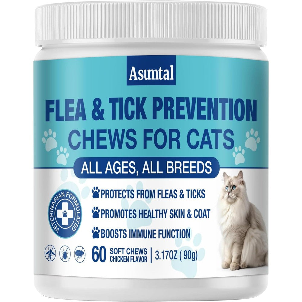 Asumtal Flea Treatment For Cats Chewables Natural Kitten Cat Flea And Tick Prevention Skin And Coat Support Chicken Flavor 60 Count