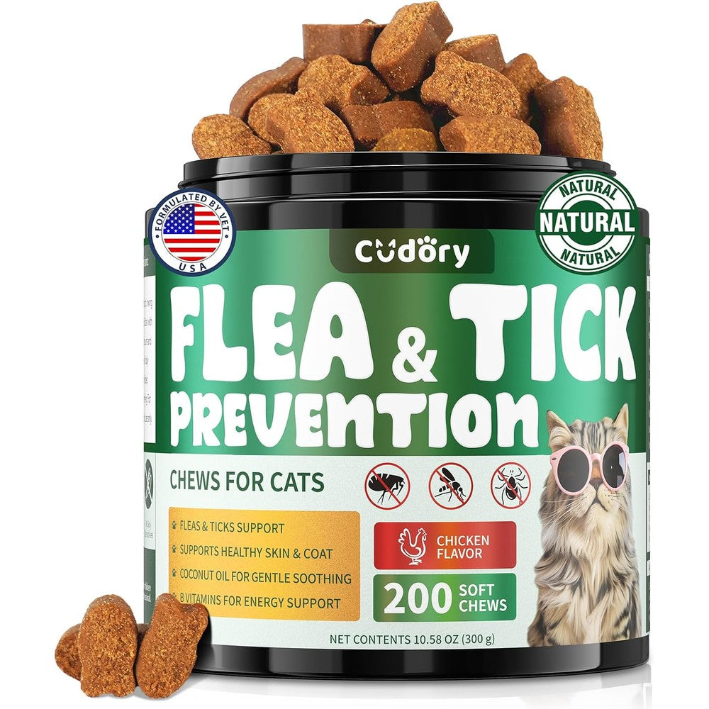 Cudory Flea And Tick Prevention Chews For Cats Natural Supplement For Skin And Coat Health Chicken Flavor 200 Soft Chews