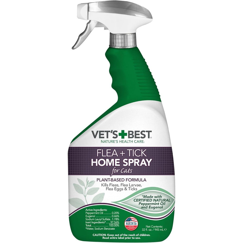 Vet's Best Natural Flea and Tick Home Spray for Cats 32 ounce bottle front view indoor pest control