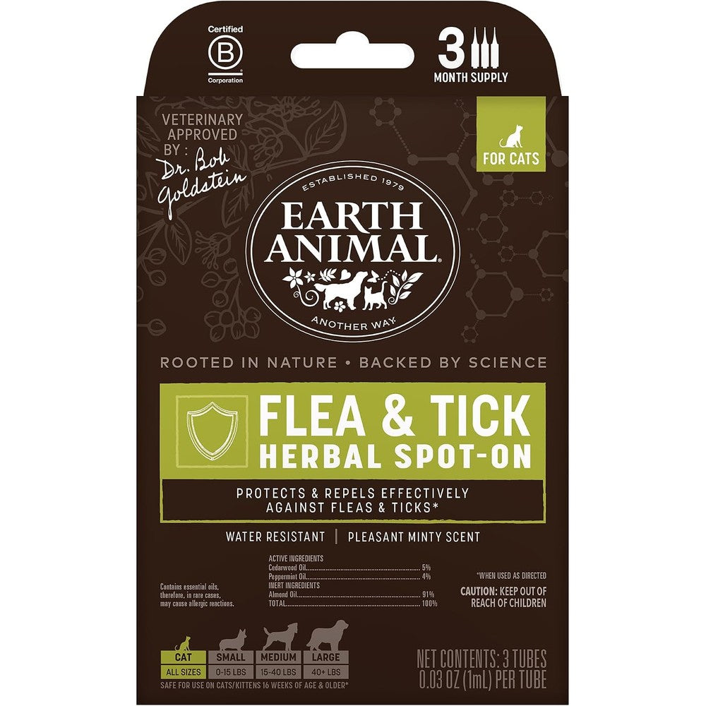 Earth Animal Apothecary Natural Flea and Tick Herbal Spot On for Cats front packaging showing USA imported pest prevention