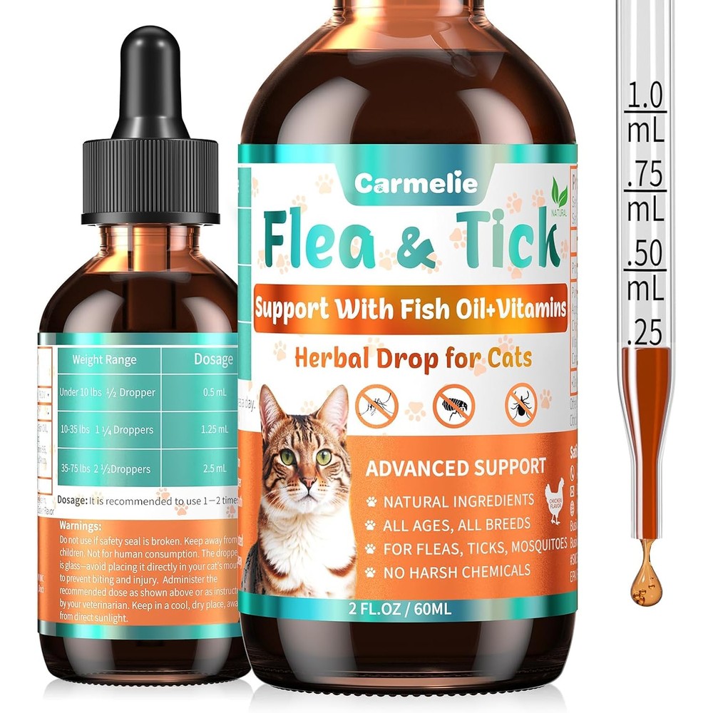 Carmelie natural flea and tick prevention liquid drops for cats front bottle view