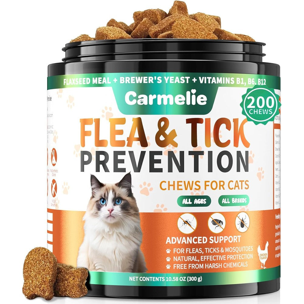 Carmelie Flea and Tick Prevention for Cats 200 chews front view packaging