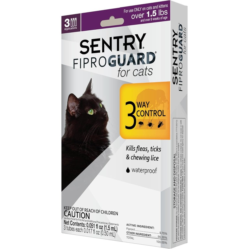 Sentry Fiproguard flea and tick prevention for cats three month supply front box packaging view.