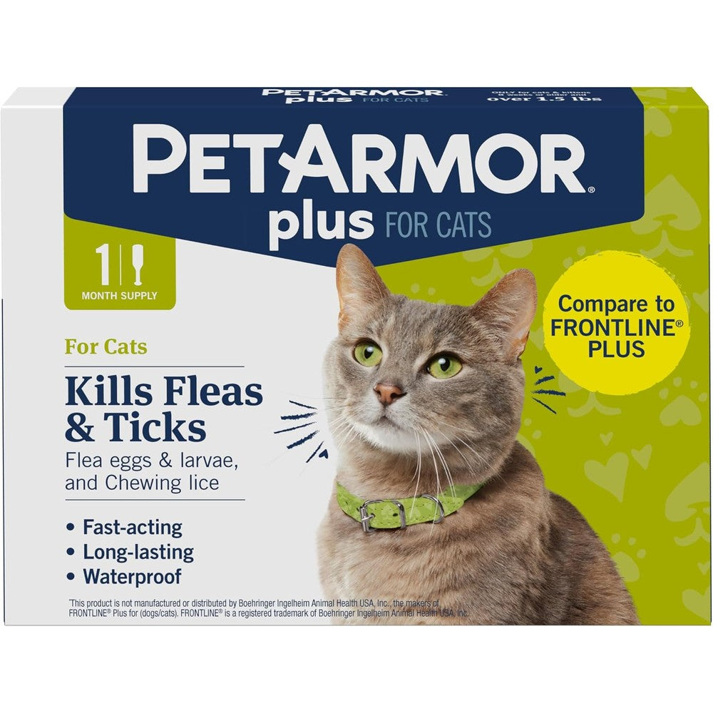 PetArmor Plus flea and tick prevention for cats front packaging view showing one dose topical treatment.