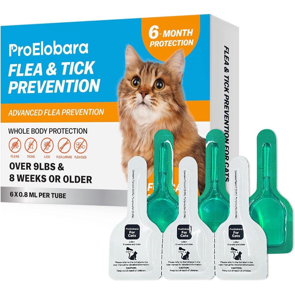 ProElobara topical flea and tick for large cats front packaging view showing six dose supply details