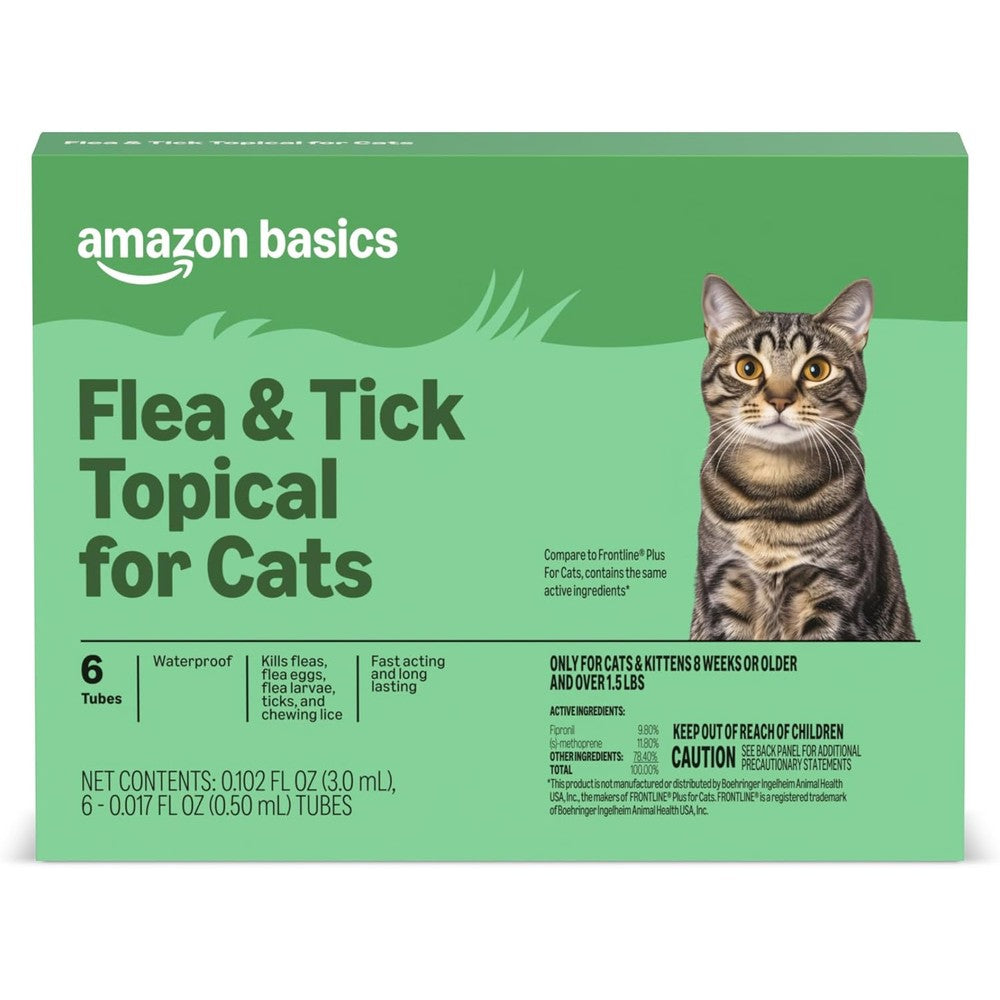 Amazon Basics preventative flea and tick topical treatment for cats front packaging view