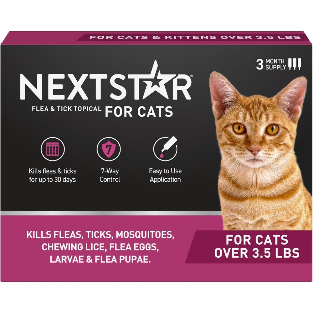 NextStar Flea and Tick Prevention for Cats packaging front view showing 3 monthly doses.